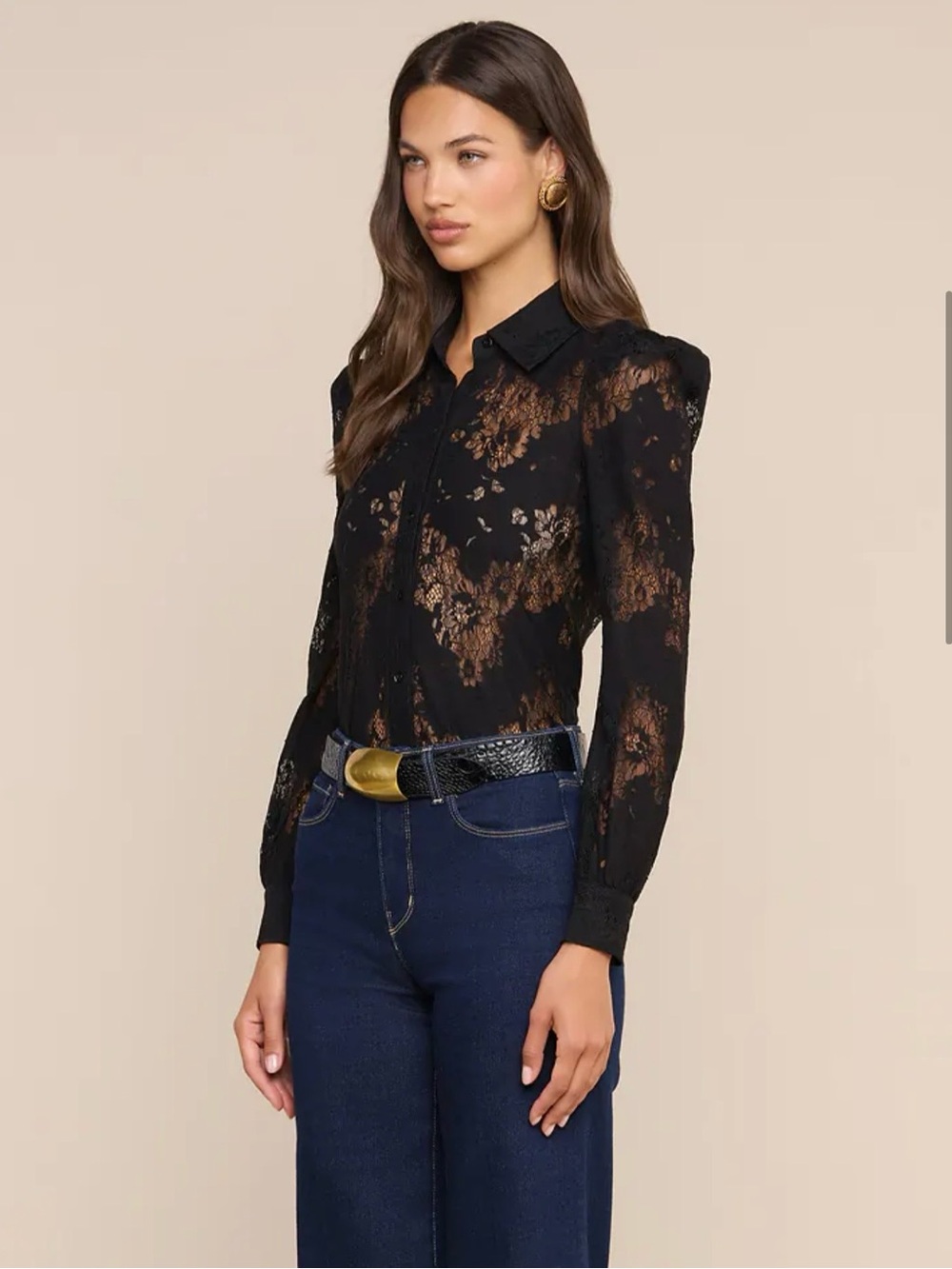L'AGENCE Black Sheer Lace Collared Blouse